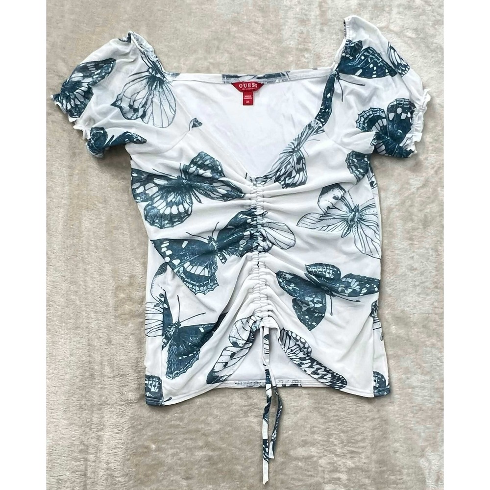 Guess Los Angeles Butterfly Print Ruched Mesh Top White Teal Sweetheart Neck M